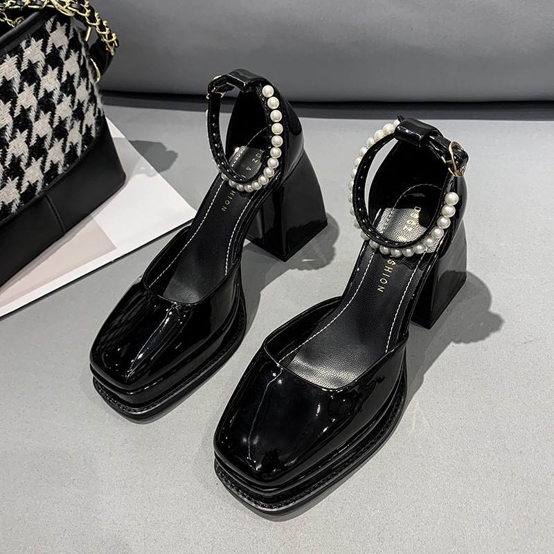 Giày cao gót Mary Jane MÀU ĐEN mũi vuông đế vuông gót 9p da bóng quai da đính hạt châu xinh xắn Minhtuyetshoes