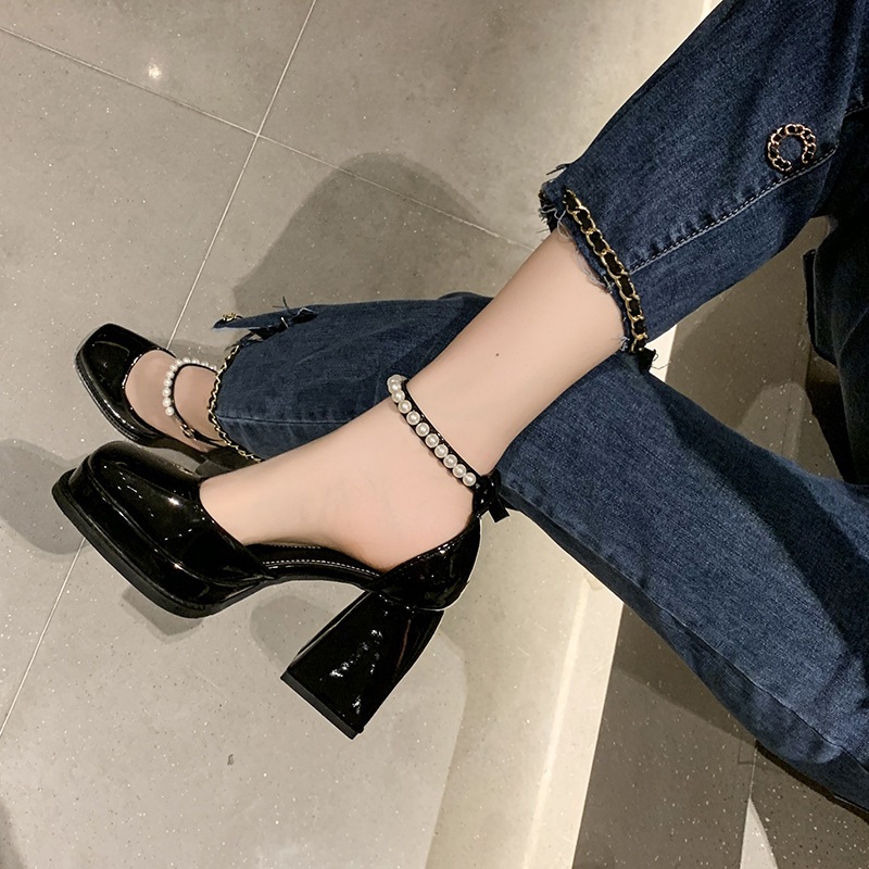 Giày cao gót Mary Jane MÀU ĐEN mũi vuông đế vuông gót 9p da bóng quai da đính hạt châu xinh xắn Minhtuyetshoes