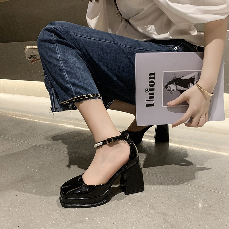 Giày cao gót Mary Jane MÀU ĐEN mũi vuông đế vuông gót 9p da bóng quai da đính hạt châu xinh xắn Minhtuyetshoes