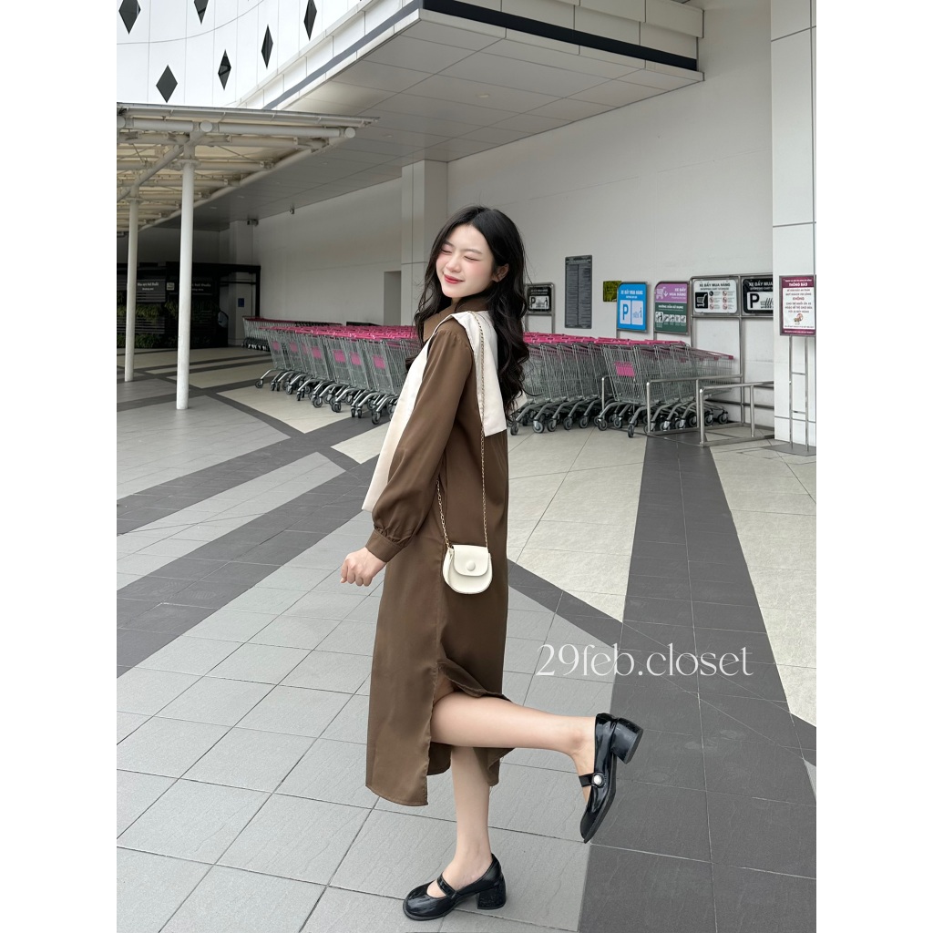 Váy Sơ Mi Nữ Dài Tay Phối Vạt Thủy Thủ Rời 29feb.closet Dáng Suông Dài Mùa Thu Đông - V160