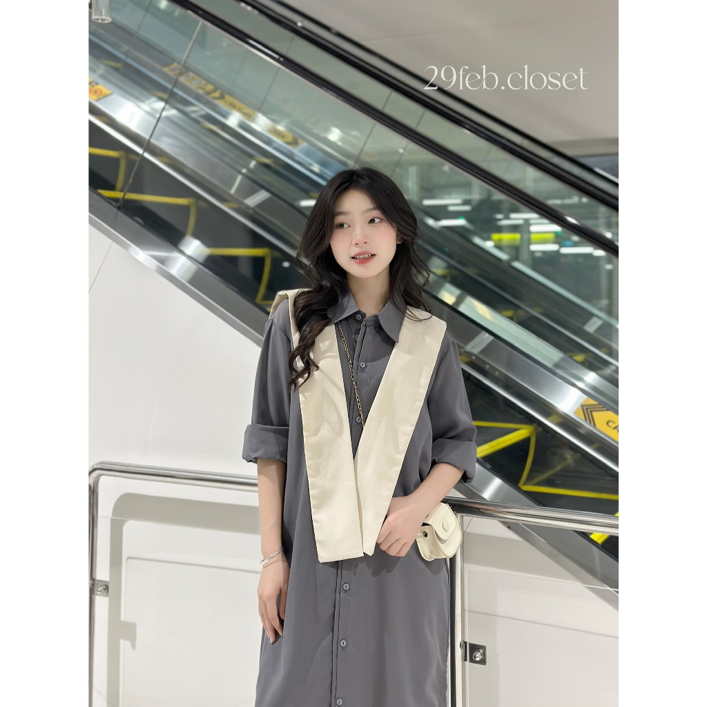 Váy Sơ Mi Nữ Dài Tay Phối Vạt Thủy Thủ Rời 29feb.closet Dáng Suông Dài Mùa Thu Đông - V160