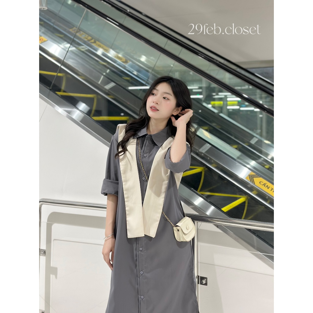 Váy Sơ Mi Nữ Dài Tay Phối Vạt Thủy Thủ Rời 29feb.closet Dáng Suông Dài Mùa Thu Đông - V160