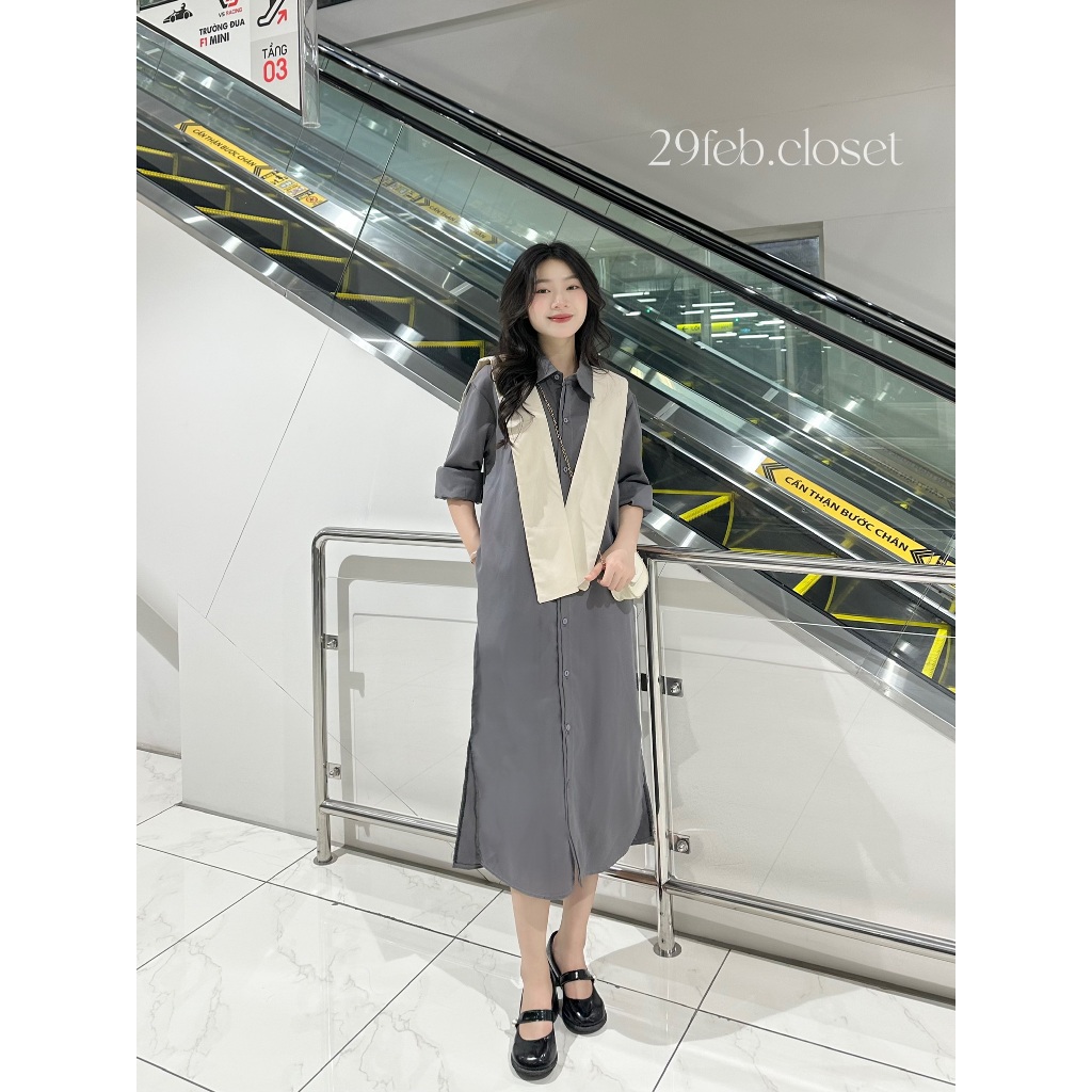 Váy Sơ Mi Nữ Dài Tay Phối Vạt Thủy Thủ Rời 29feb.closet Dáng Suông Dài Mùa Thu Đông - V160
