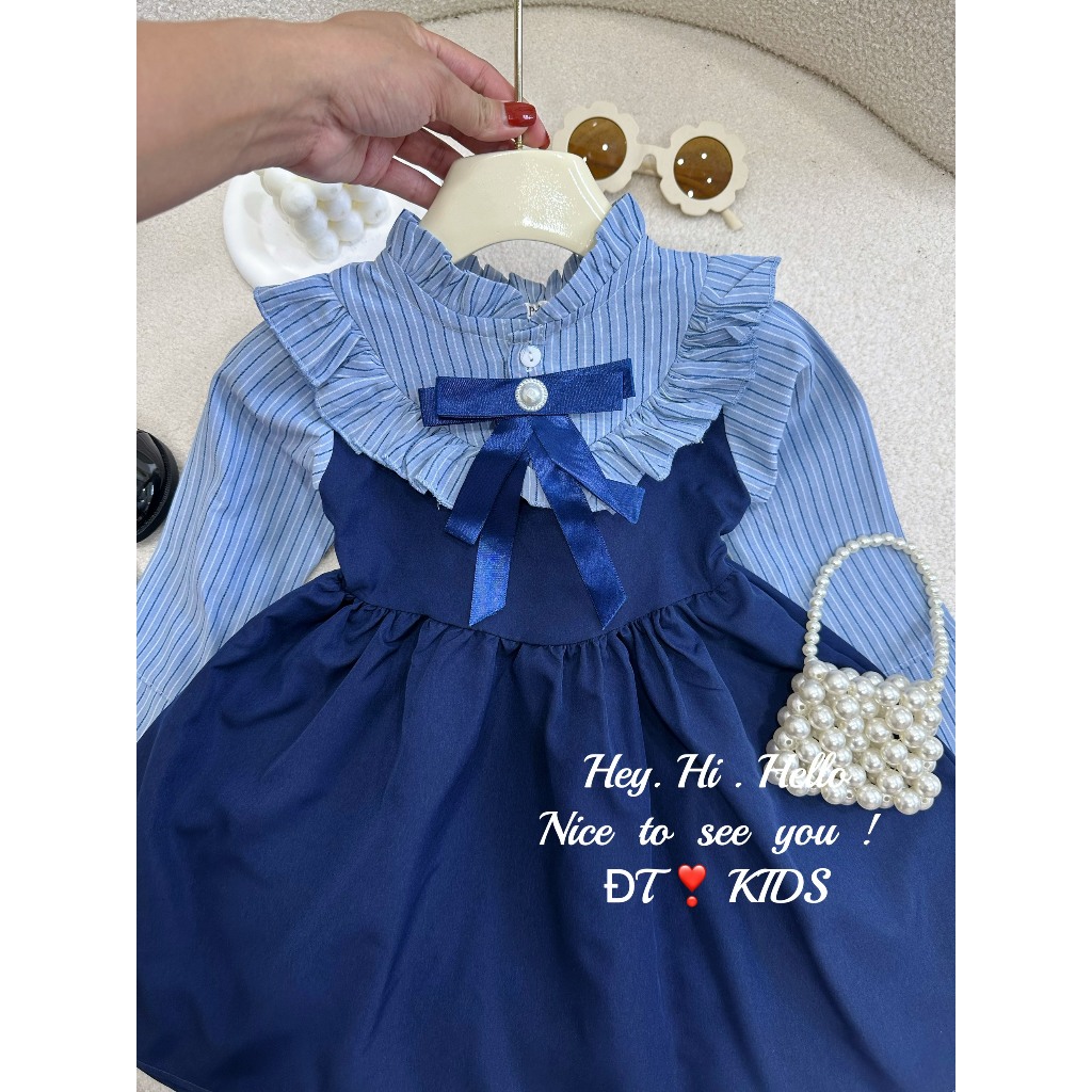 Váy bé gái - đầm tiểu thư cổ viền bèo kèm nơ xinh cho bé