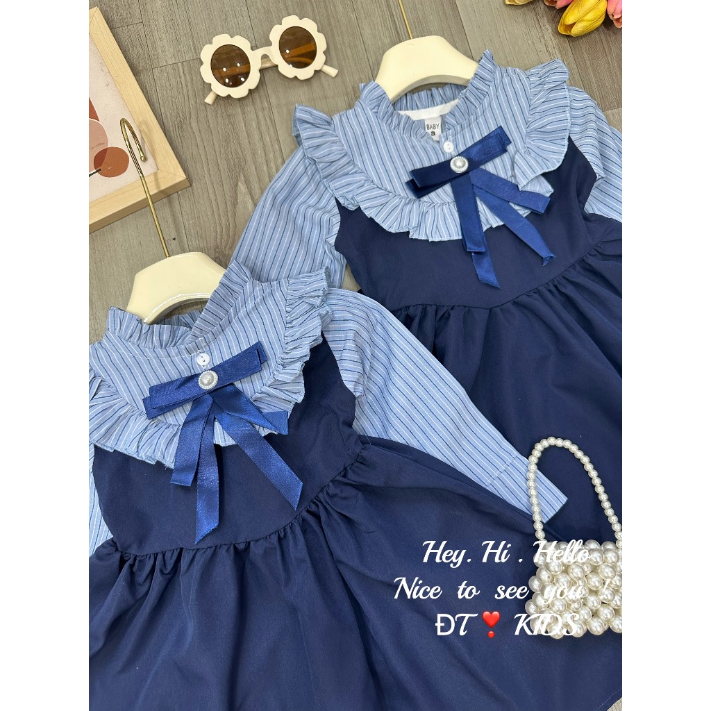 Váy bé gái - đầm tiểu thư cổ viền bèo kèm nơ xinh cho bé
