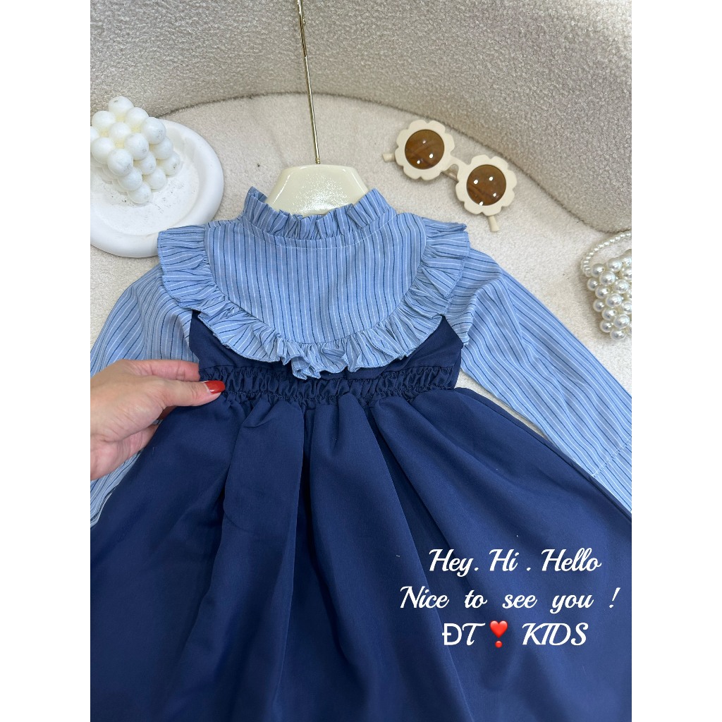 Váy bé gái - đầm tiểu thư cổ viền bèo kèm nơ xinh cho bé