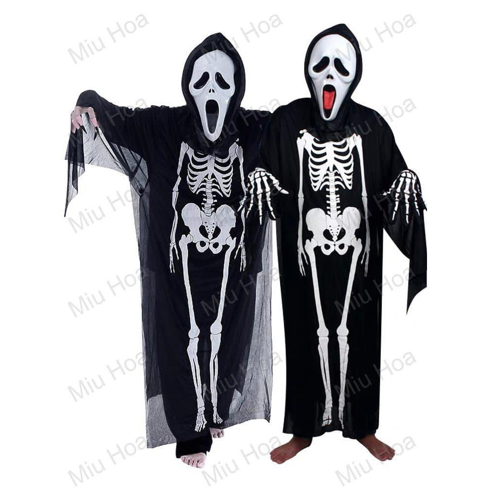 Nguyên set áo bộ xương hóa trang thần chết gồm áo mặt nạ, lưỡi hái - trang phục hóa trang thần chết lễ hội Halloween.