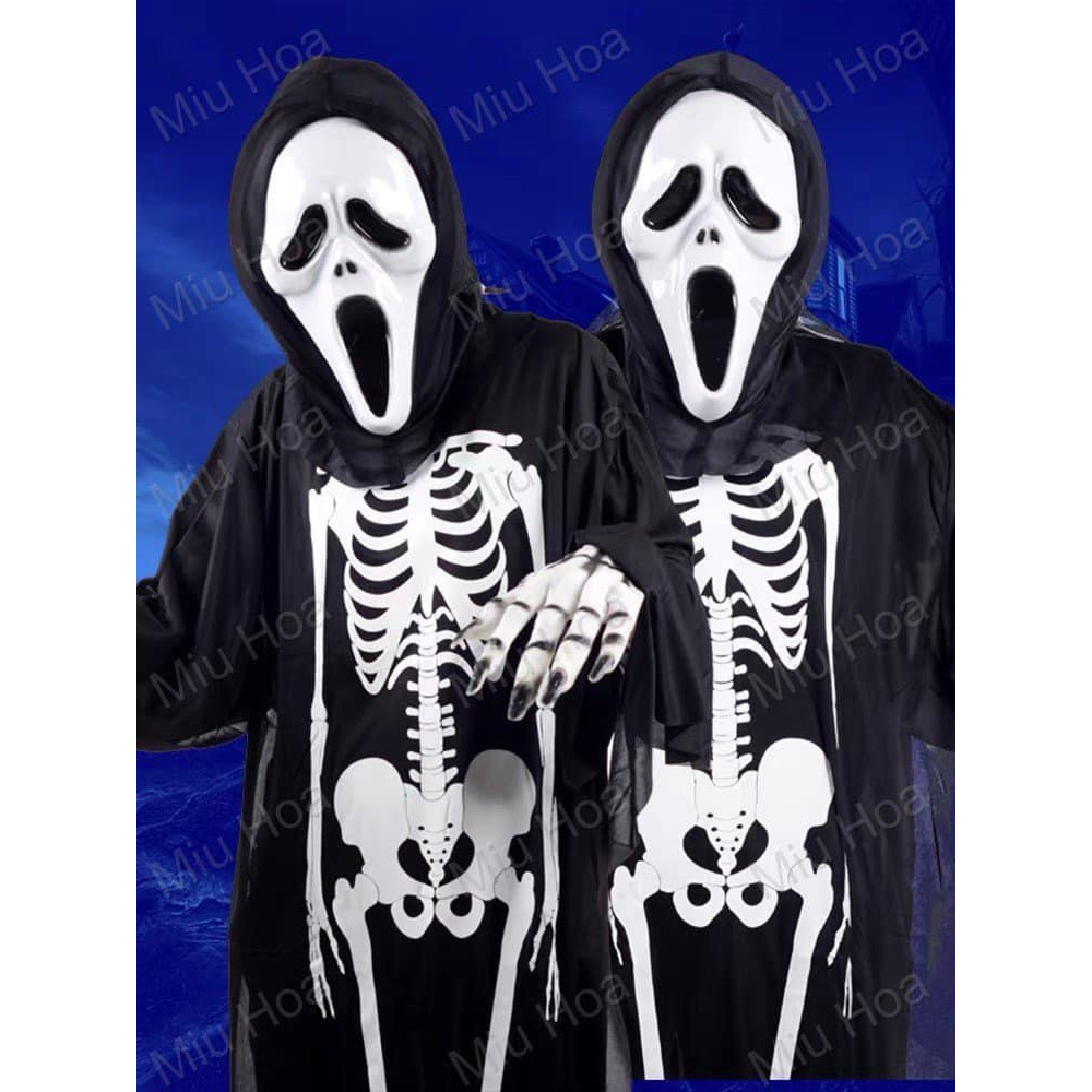 Nguyên set áo bộ xương hóa trang thần chết gồm áo mặt nạ, lưỡi hái - trang phục hóa trang thần chết lễ hội Halloween.