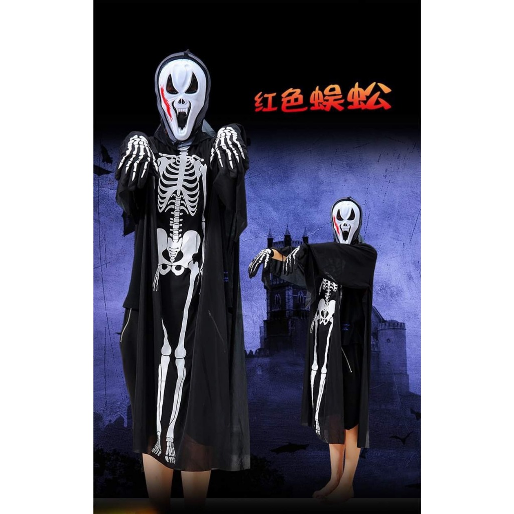 Nguyên set áo bộ xương hóa trang thần chết gồm áo mặt nạ, lưỡi hái - trang phục hóa trang thần chết lễ hội Halloween.