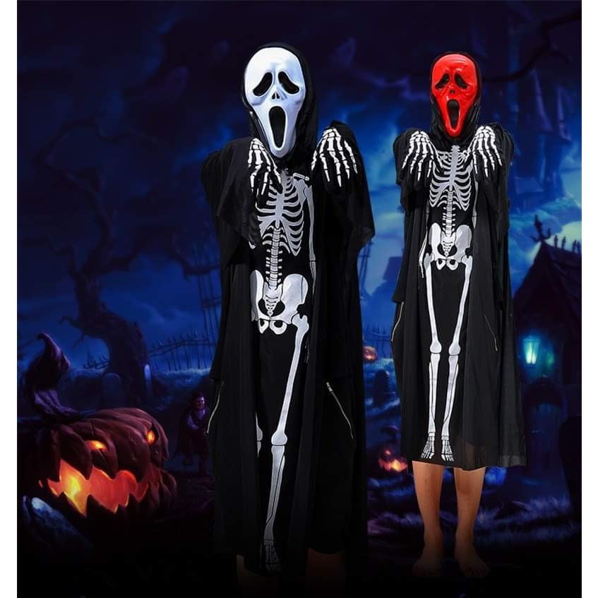 Nguyên set áo bộ xương hóa trang thần chết gồm áo mặt nạ, lưỡi hái - trang phục hóa trang thần chết lễ hội Halloween.