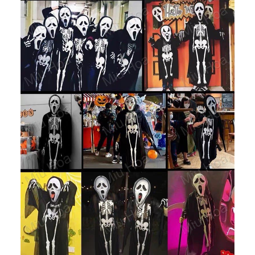 Nguyên set áo bộ xương hóa trang thần chết gồm áo mặt nạ, lưỡi hái - trang phục hóa trang thần chết lễ hội Halloween.