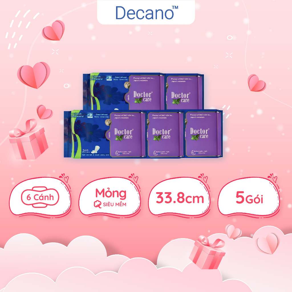 Combo Băng vệ sinh thảo dược Doctor Care ban đêm gói 3 miếng 33.8cm 2 lớp chống tràn Decano Store