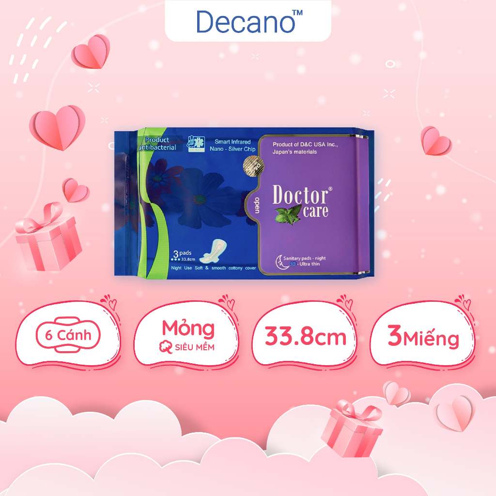 Băng vệ sinh thảo dược Doctor Care ban đêm gói 3 miếng 33.8cm 2 lớp chống tràn an toàn cho mọi tư thế nằm Decano Store