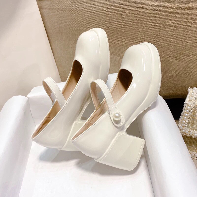 Giày búc bê da bóng đế cao 7cm Quai dán đính ngọc cao cấp