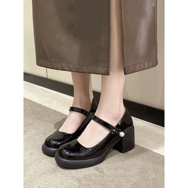 Giày búc bê da bóng đế cao 7cm Quai dán đính ngọc cao cấp