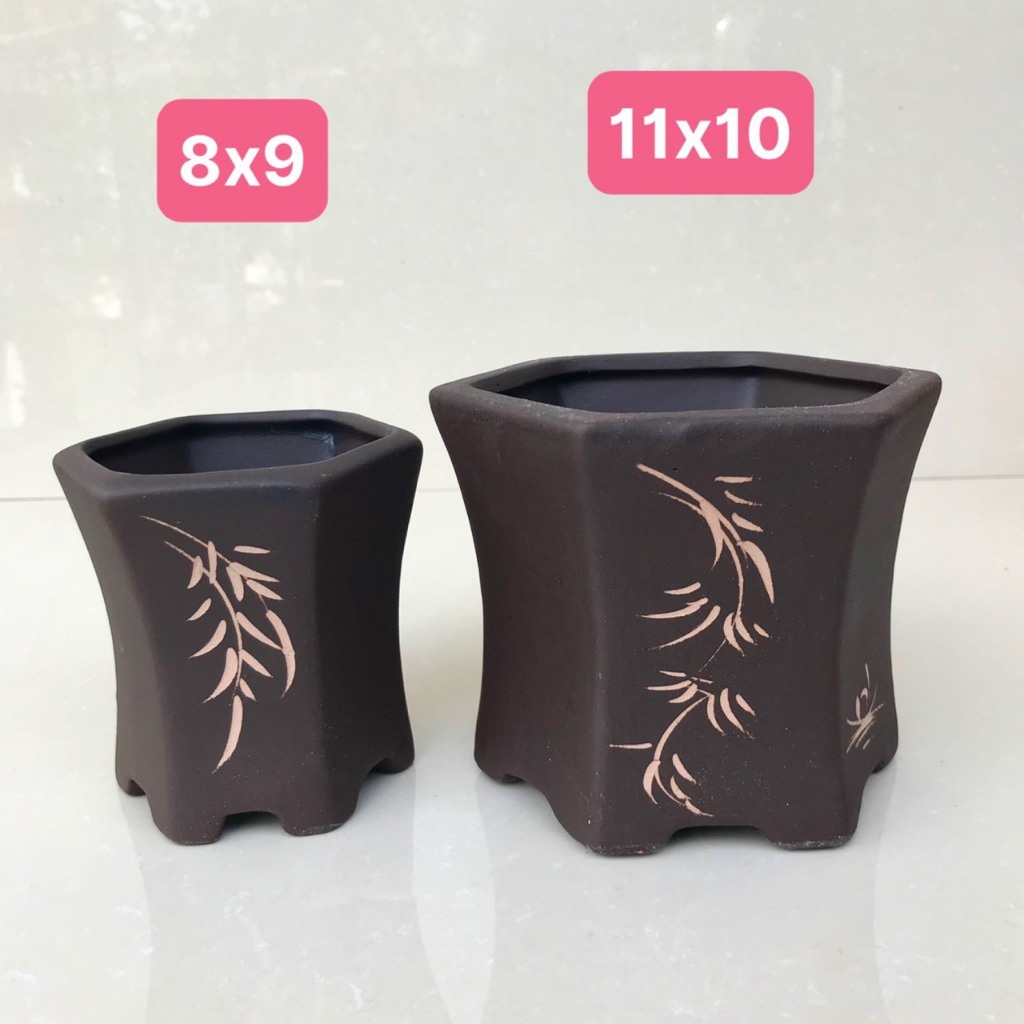 Chậu Lục giác eo bonsai cây cảnh sen đá màu đen 2 size SP673