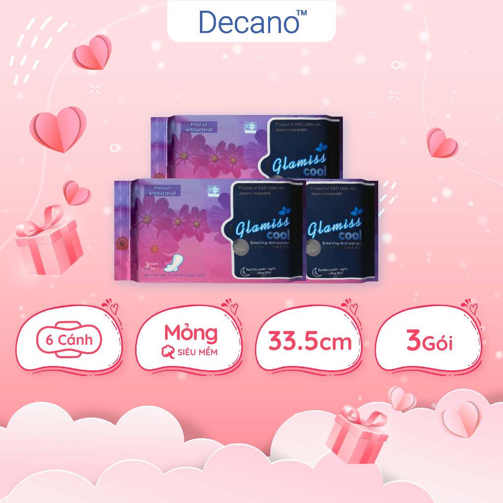 Bộ 3 gói băng vệ sinh thảo dược Glamiss Cool ban đêm 33.8cm 2 cánh dán 2 cánh chống tràn Decano Store