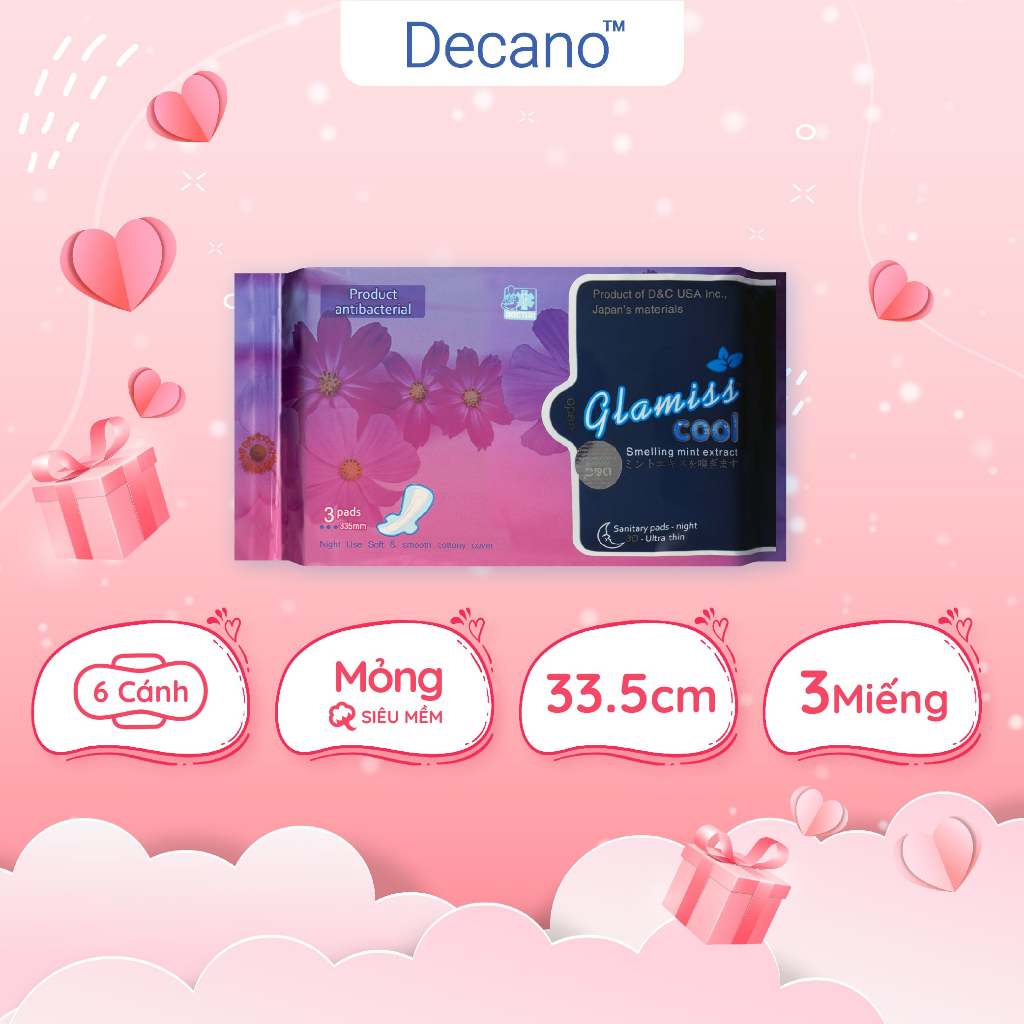 Băng vệ sinh thảo dược Glamiss Cool ban đêm gói 3 miếng 33.8cm 2 cánh dán 2 cánh chống tràn Decano Store