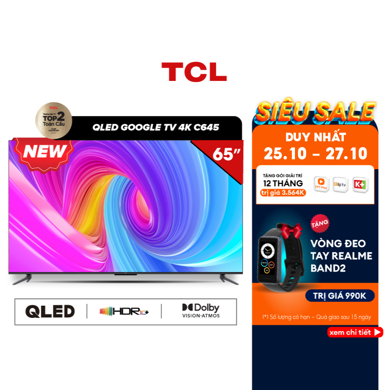 Google Tivi TCL QLED 4K 65 inch 65C645 - Miễn phí lắp đặt