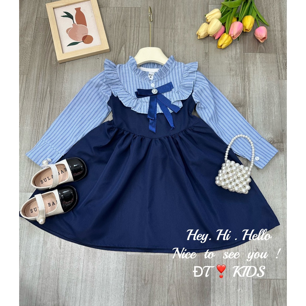 Váy bé gái - đầm tiểu thư cổ viền bèo kèm nơ xinh cho bé