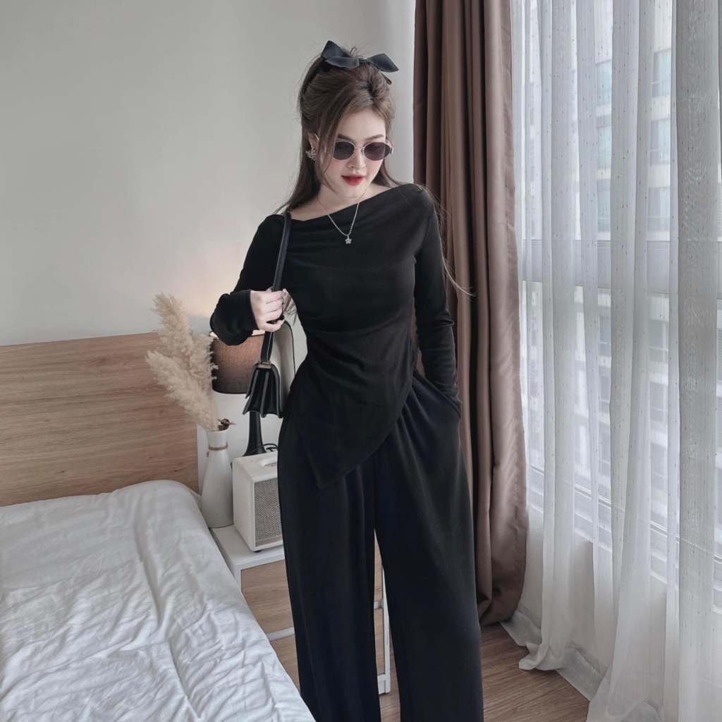 Set áo dài tay cổ thuyền vạt chéo mix quần xuông tăm