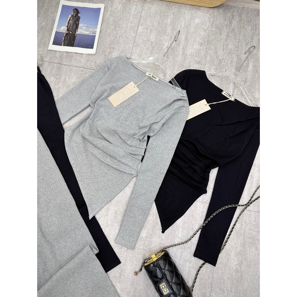 Set áo dài tay cổ thuyền vạt chéo mix quần xuông tăm