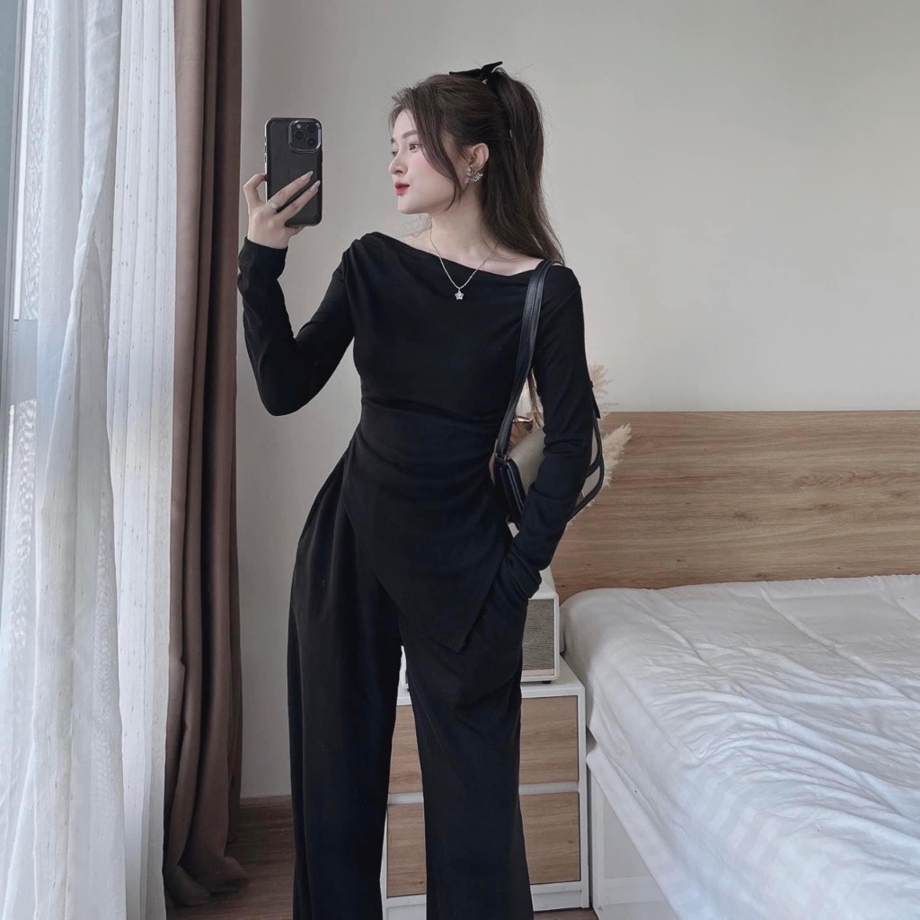 Set áo dài tay cổ thuyền vạt chéo mix quần xuông tăm