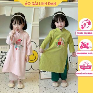 Áo dài bé gái chất nhung tăm thêu hoa nổi phối quần lụa mềm - Áo dài thiết kế Linh Đan