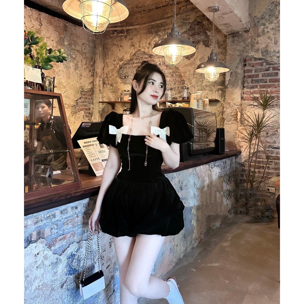 Set Áo Nhung Cổ Vuông ĐÍnh Nơ, Mix Quần Nhung Bồng Siêu Hot