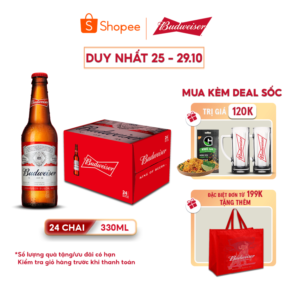 Thùng 24 Chai Bia Budweiser Chính Hãng (330ml/Chai)