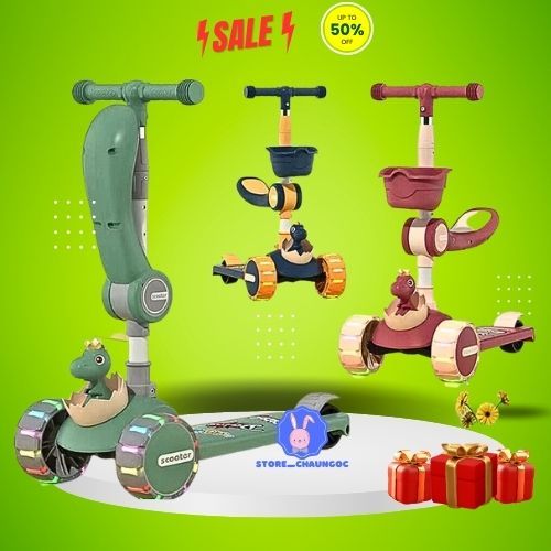 Xe trượt scooter cho trẻ em có đèn, ghế ngồi 2in1 có giỏ đồ mẫu mới - Xe đồ chơi cho bé . .