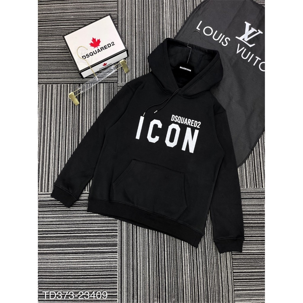 Áo khoác hoodie zip nam nữ Dsq2 nỉ bông in chữ ICON trắng ngang ngực bo ống dày dặn siêu hot 2023