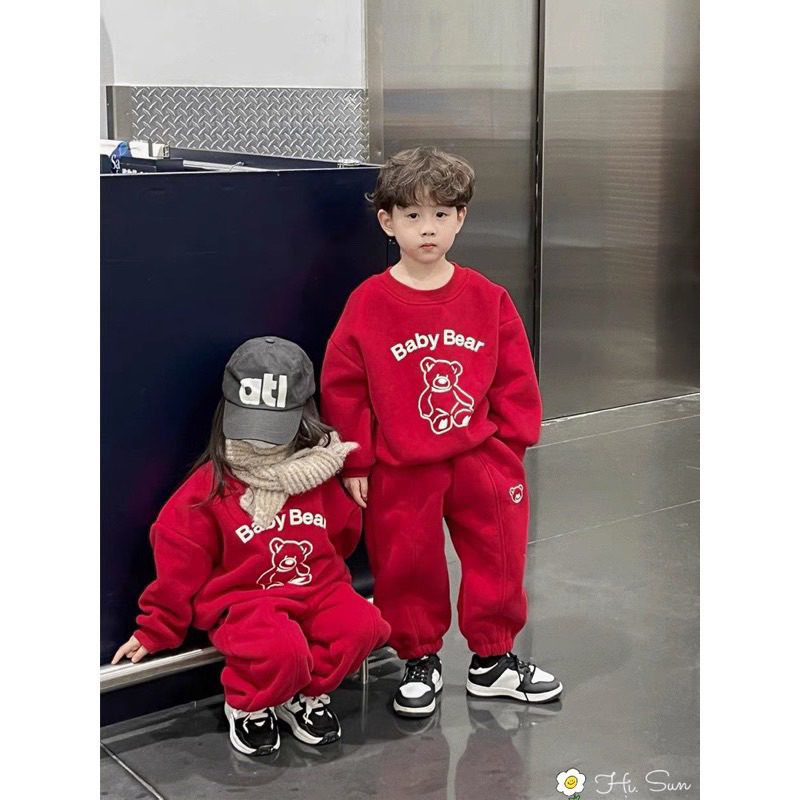 Bộ nỉ màu đỏ gấu baby cho bé