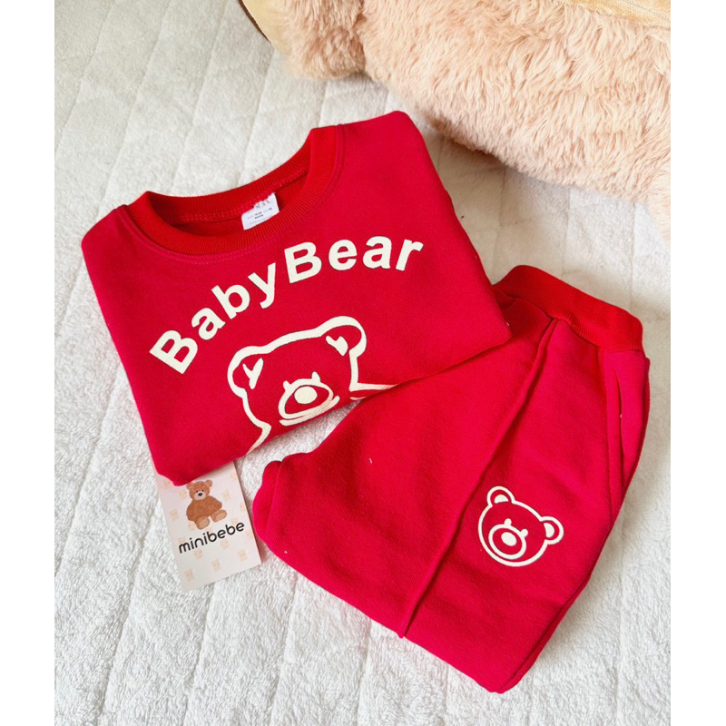 Bộ nỉ màu đỏ gấu baby cho bé
