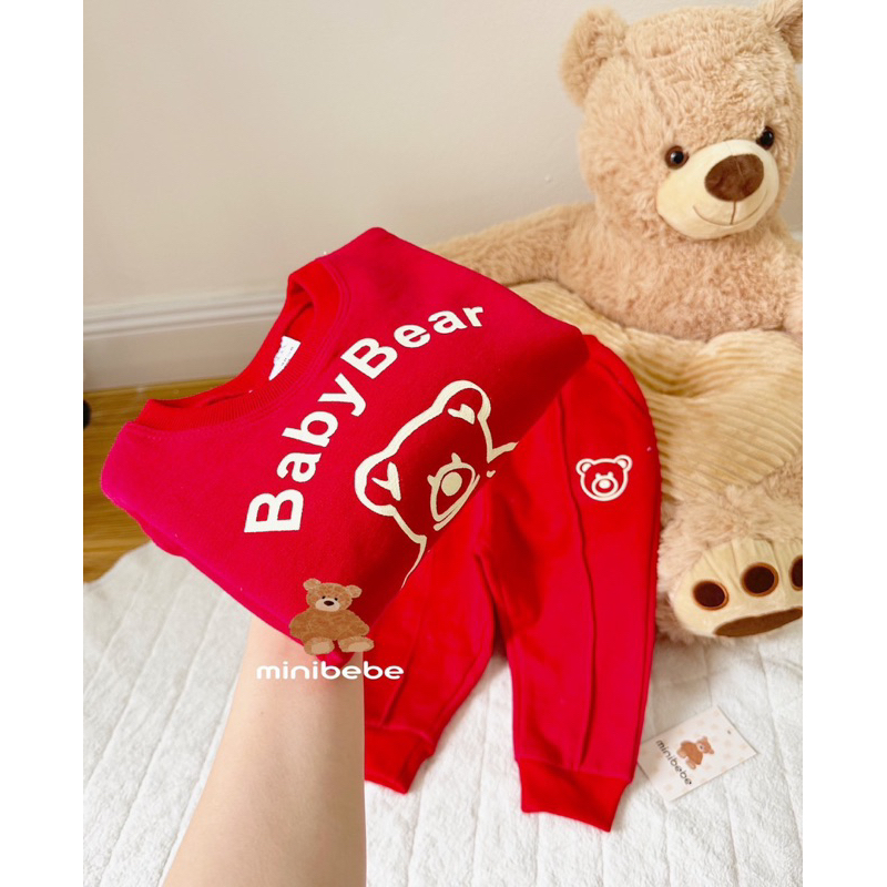 Bộ nỉ màu đỏ gấu baby cho bé
