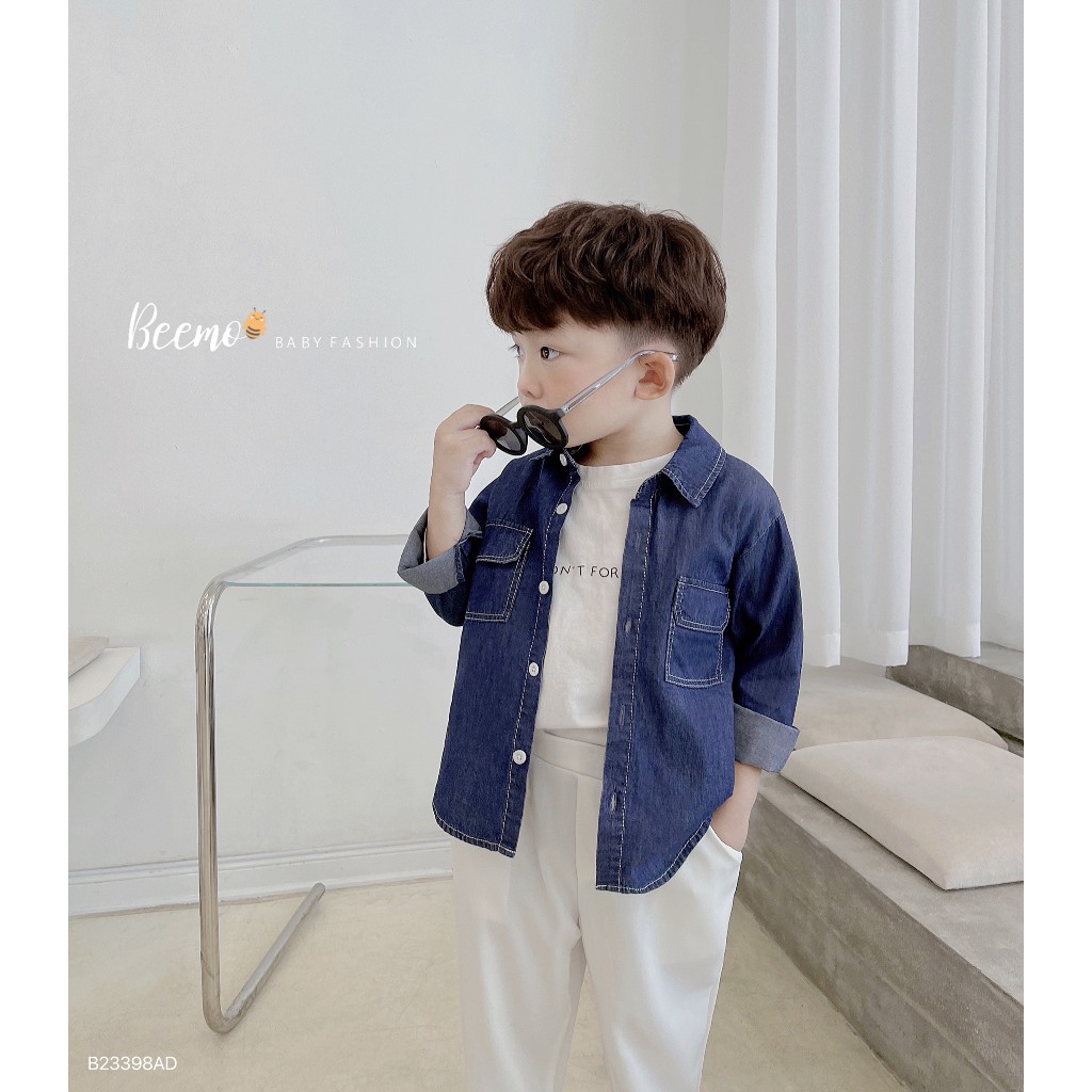 Áo sơ mi dài tay Beemo cho bé trai, cổ đức, giả jeans phối hai túi trước ngực, vải denim, mặc đi học đi chơi B23398AD
