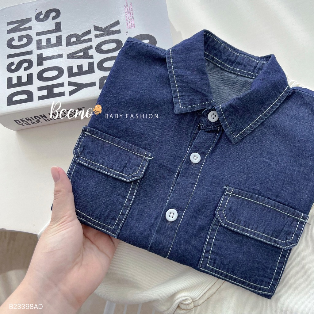 Áo sơ mi dài tay Beemo cho bé trai, cổ đức, giả jeans phối hai túi trước ngực, vải denim, mặc đi học đi chơi B23398AD