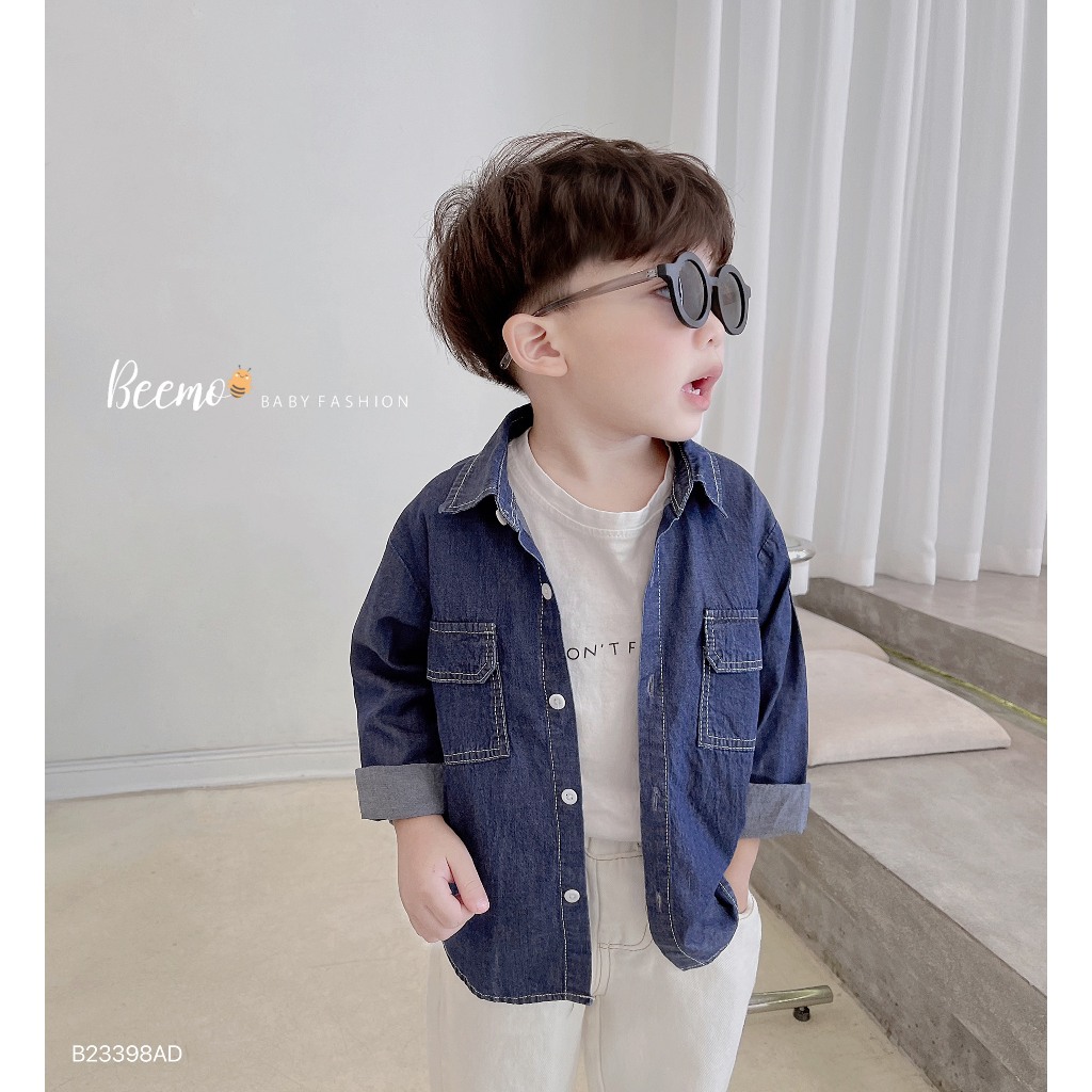 Áo sơ mi dài tay Beemo cho bé trai, cổ đức, giả jeans phối hai túi trước ngực, vải denim, mặc đi học đi chơi B23398AD