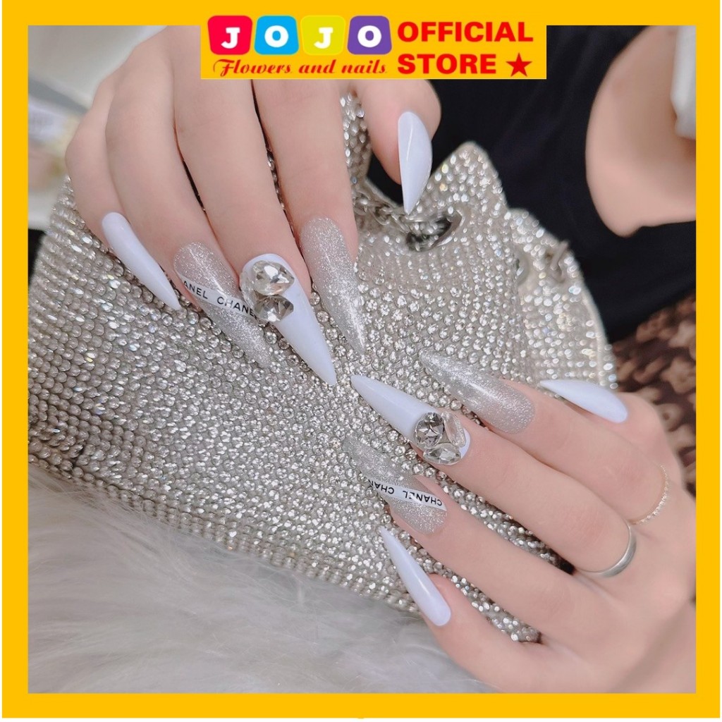 Set 24 móng tay giả form nhọn dáng dài đính đá mắt mèo cô dâu xinh xắn Jojo's mã TK40