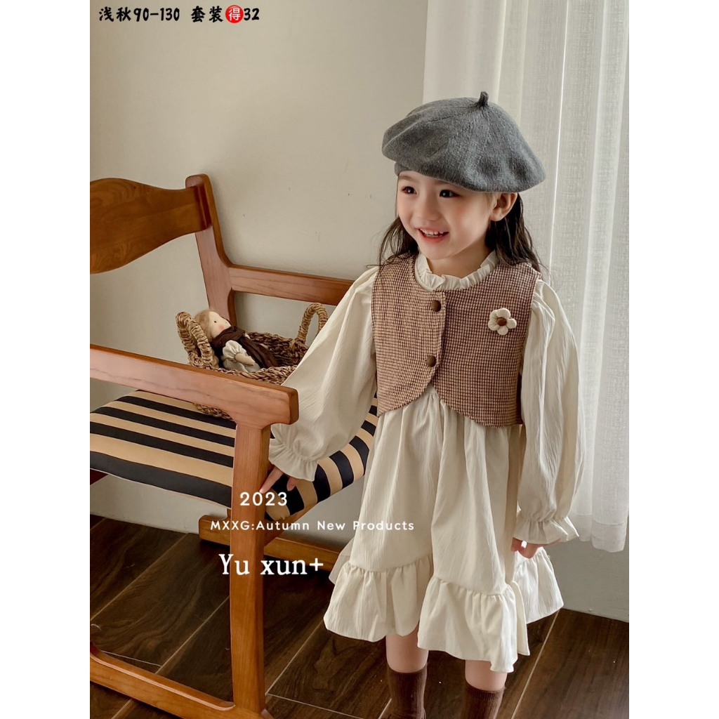 Sét váy thu đông cho bé gái HK KIDS, sét váy dài tay và áo Gile Quảng Châu xinh xắn cho bé từ 1-6 tuổi