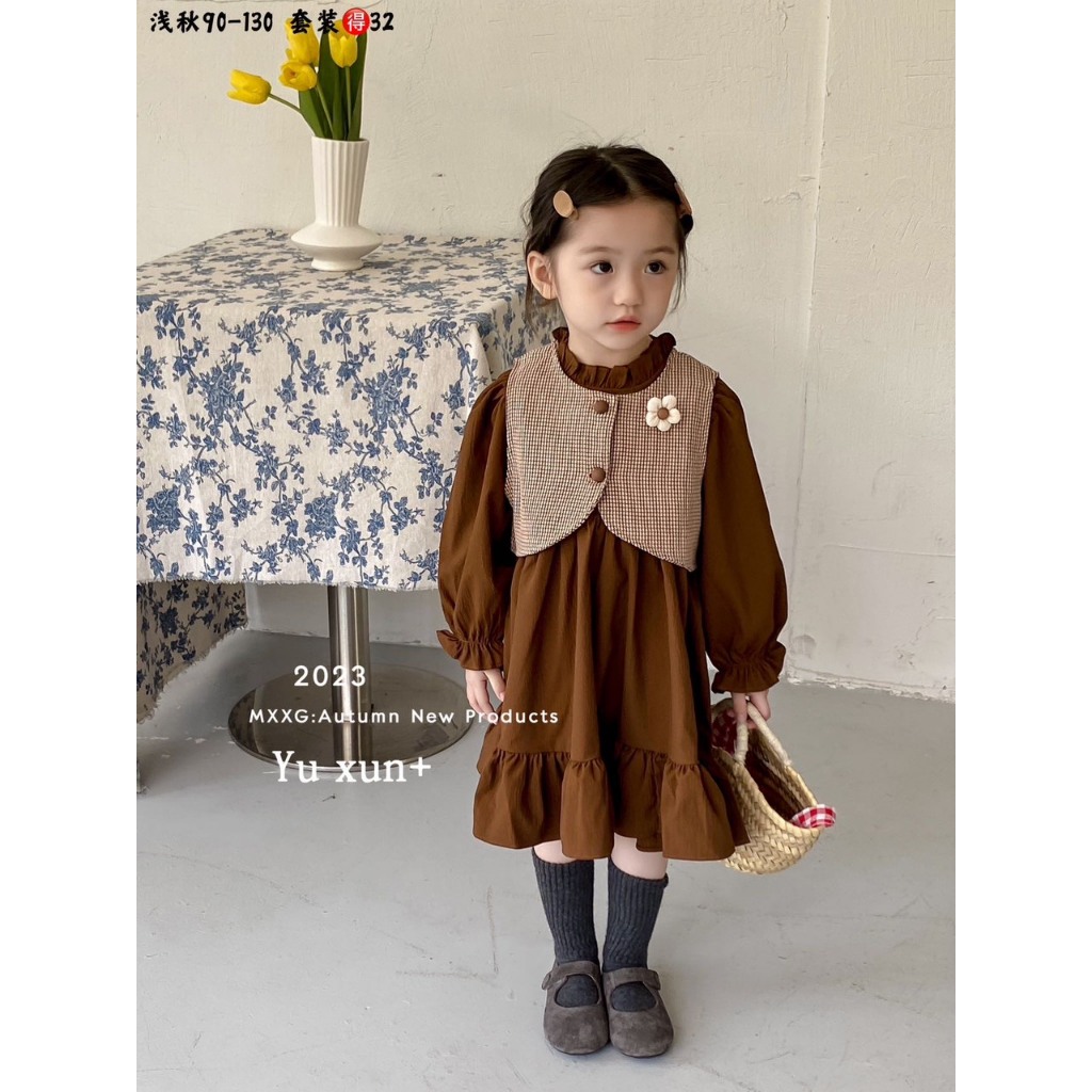 Sét váy thu đông cho bé gái HK KIDS, sét váy dài tay và áo Gile Quảng Châu xinh xắn cho bé từ 1-6 tuổi