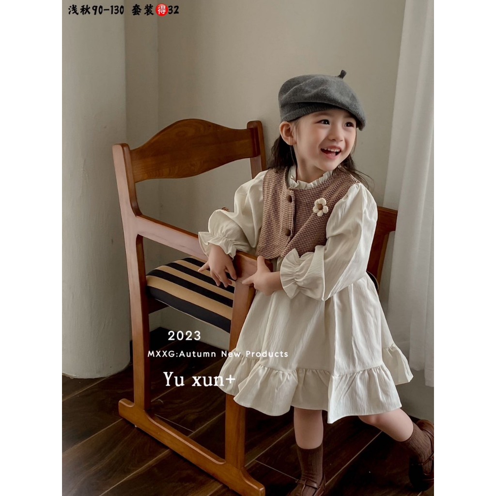 Sét váy thu đông cho bé gái HK KIDS, sét váy dài tay và áo Gile Quảng Châu xinh xắn cho bé từ 1-6 tuổi