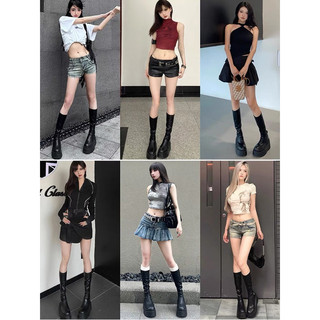 Giày boot cao cổ đen / kem ngang gối