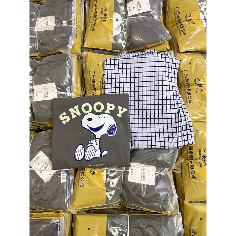 BỘ Áo Hình Cún Snoopy Quần Kẻ