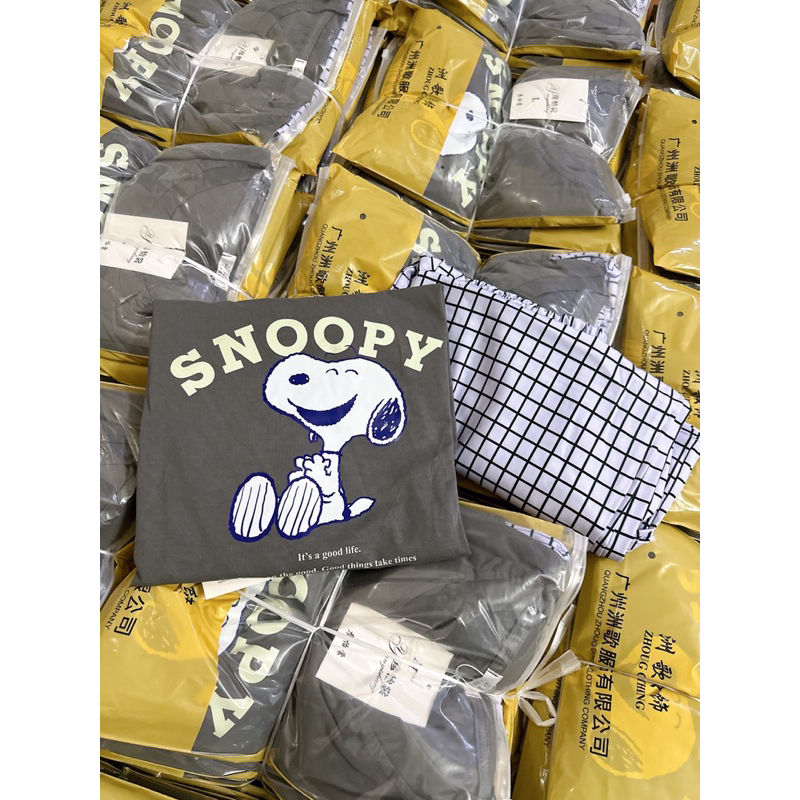 BỘ Áo Hình Cún Snoopy Quần Kẻ