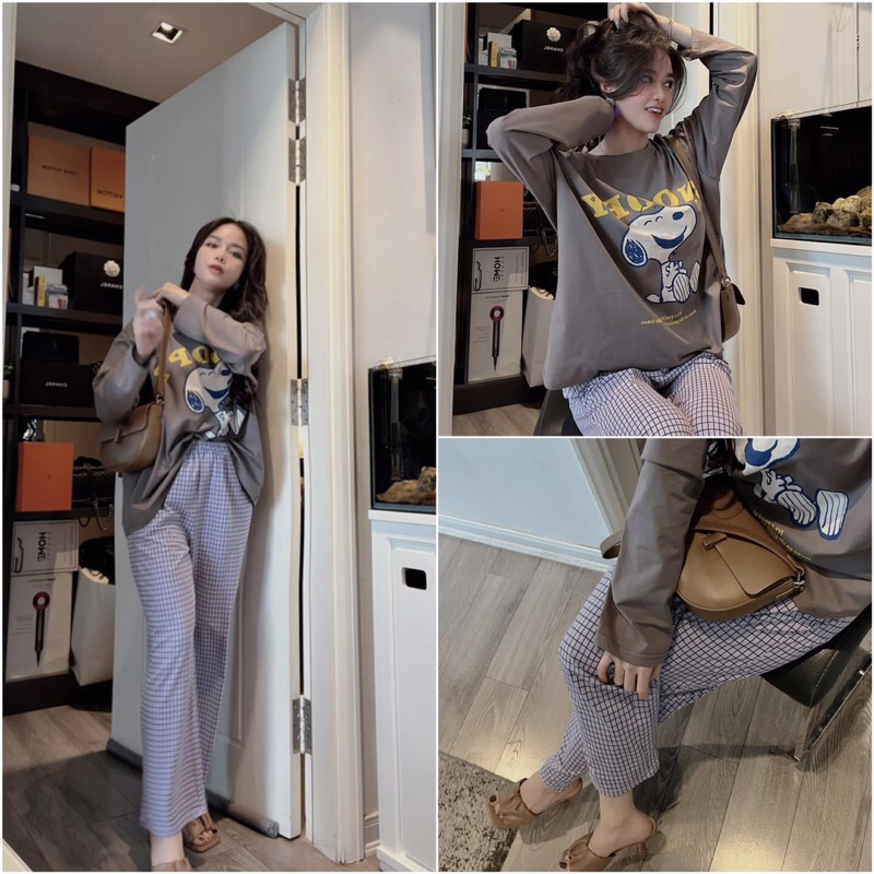 BỘ Áo Hình Cún Snoopy Quần Kẻ