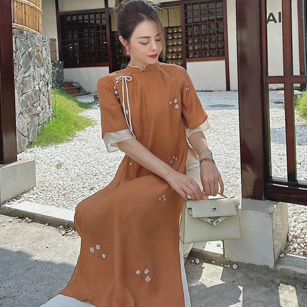 Bigsize Áo Dài Cách Tân Nữ Tơ Thêu LD47