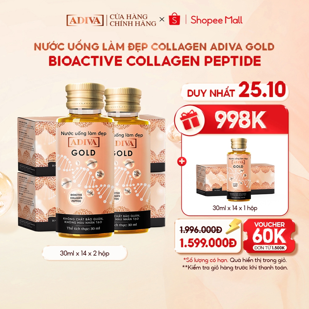 Combo 2 Hộp Nước Uống Làm Đẹp Collagen ADIVA Gold (14 Chai/Hộp)- Giúp Làn Da Căng Mịn, Giảm Nếp Nhăn Và Chống Lão Hóa