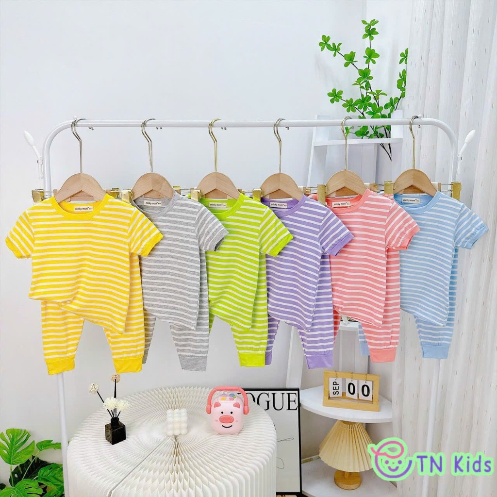 Bộ Ngắn Tay Quần Dài Thun Lạnh Sọc Dệt Minky Mom Mềm Mịn Cho Bé Trai Bé Gái