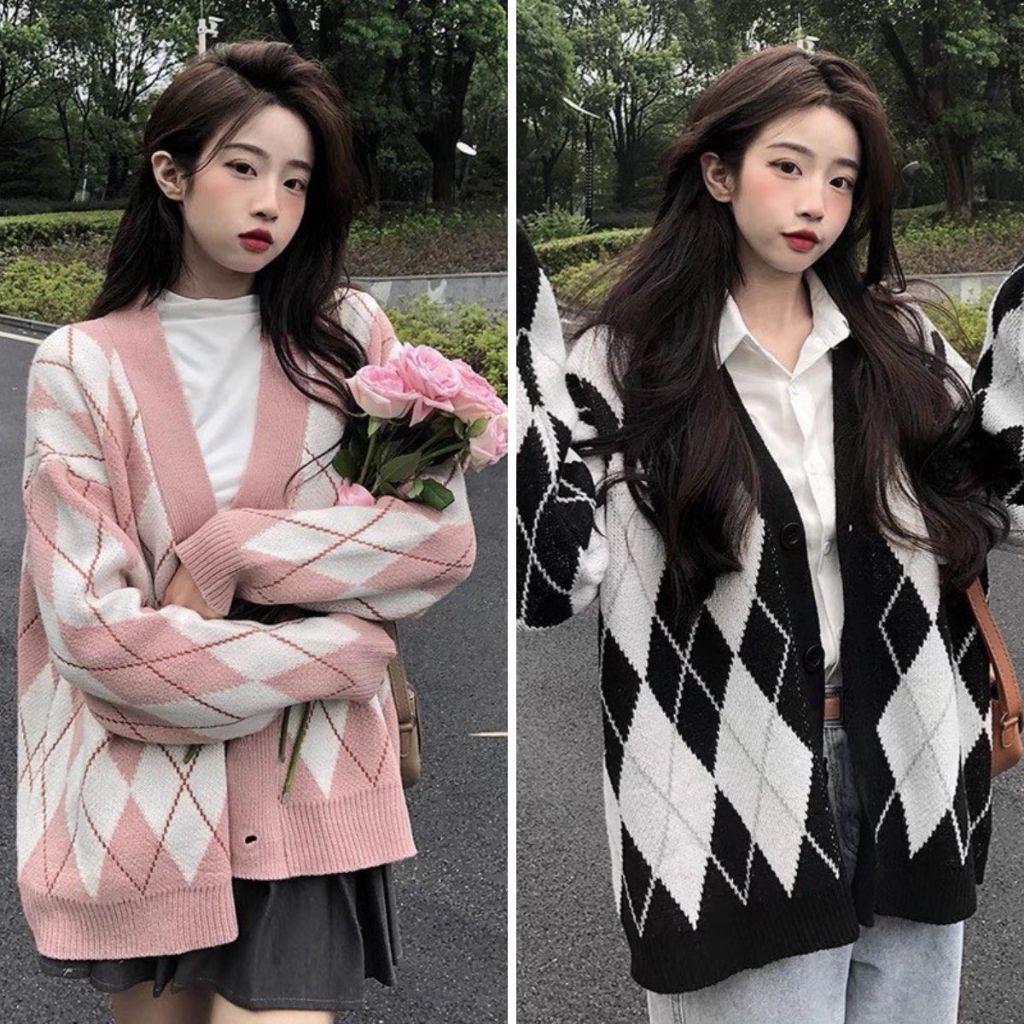 Áo khoác cardigan lông thỏ dáng rộng hoạ tiết kim cương áo khoác len phong cách Hàn Quốc ATT